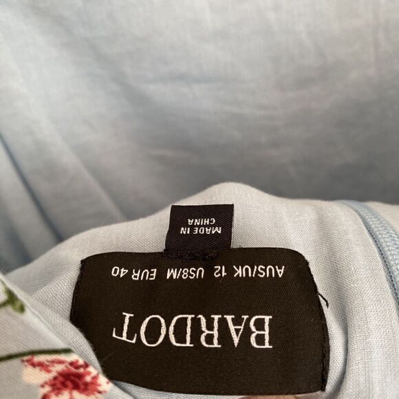 Bardot ruched midi dress Size 8 Medium Sky Roses Floral Side Slit Blue - Picture 7 of 8